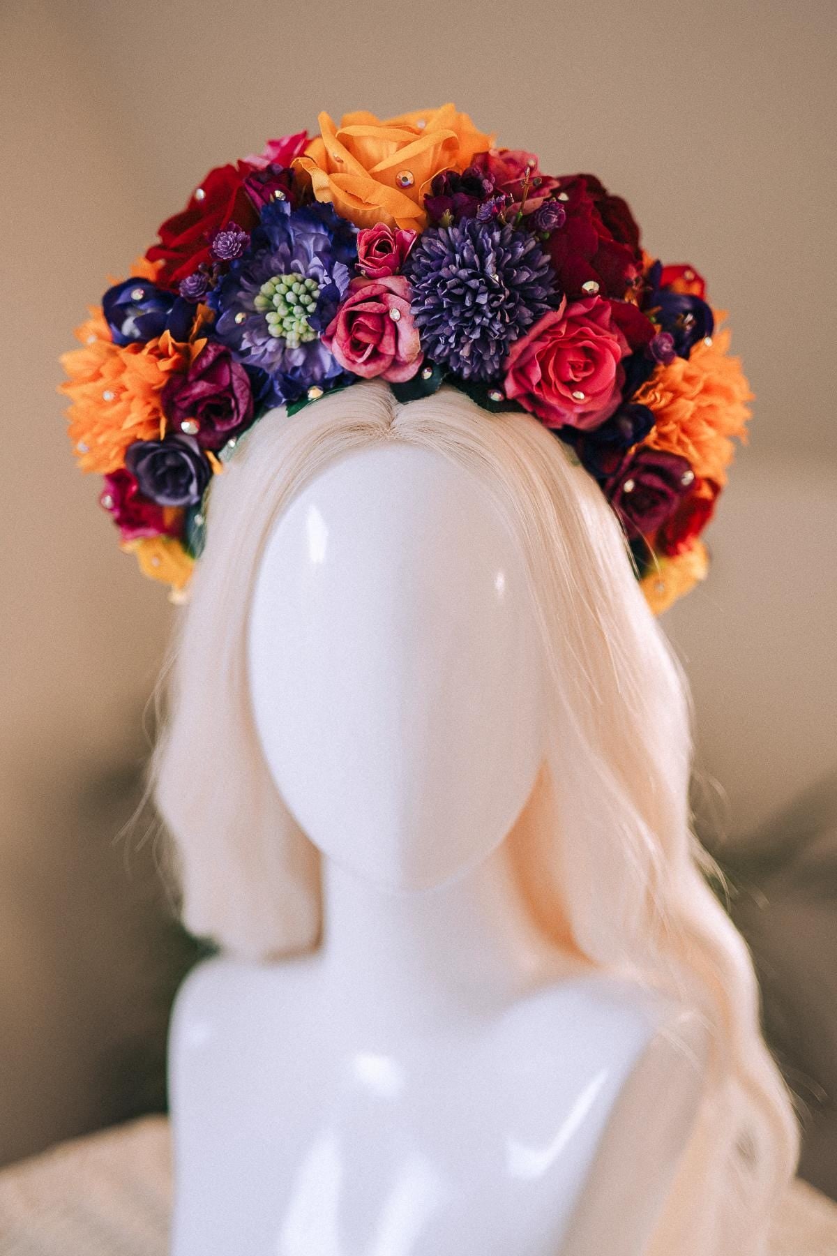 SALE Frida Kahlo Flower Crown, Colorful Halo Crown, Day Of The Dead Headpiece, Mexican Flower Tiara, Festival Costume, Frida Costume