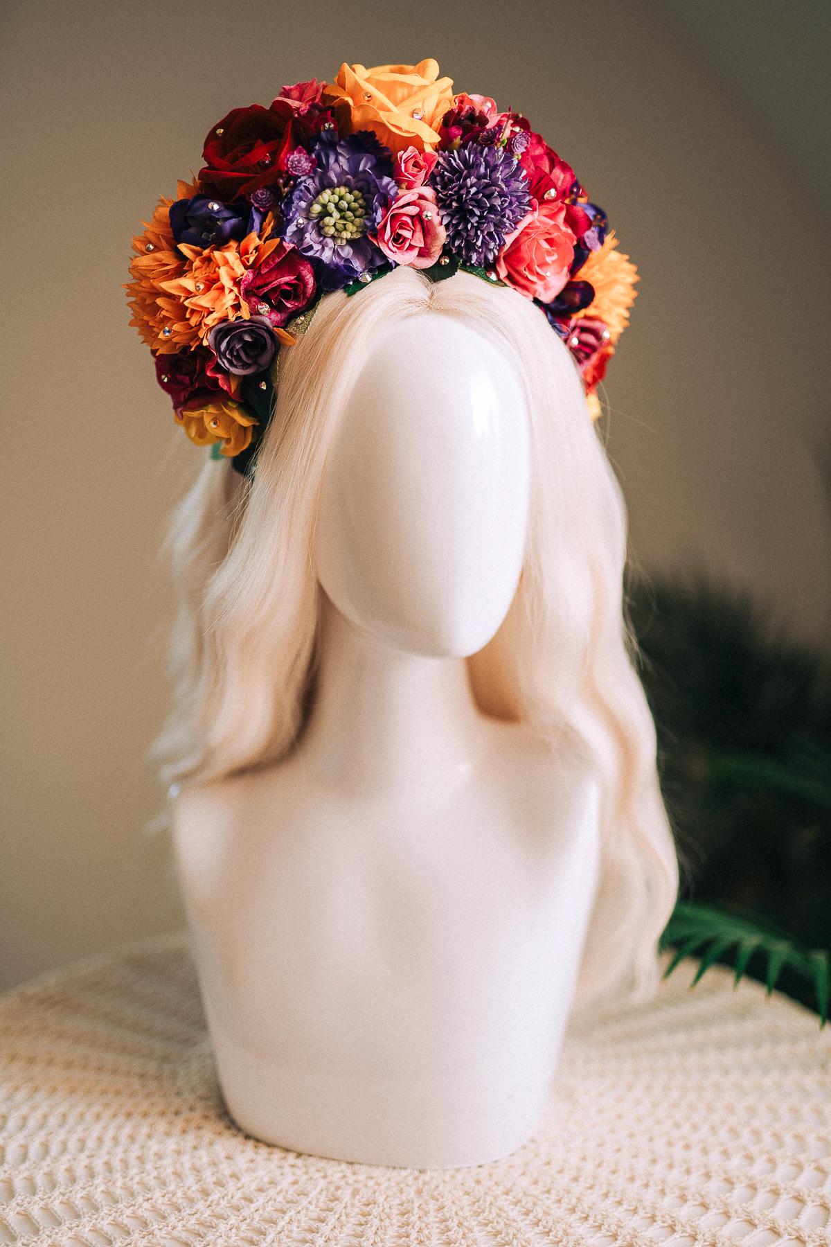 SALE Frida Kahlo Flower Crown, Colorful Halo Crown, Day Of The Dead Headpiece, Mexican Flower Tiara, Festival Costume, Frida Costume
