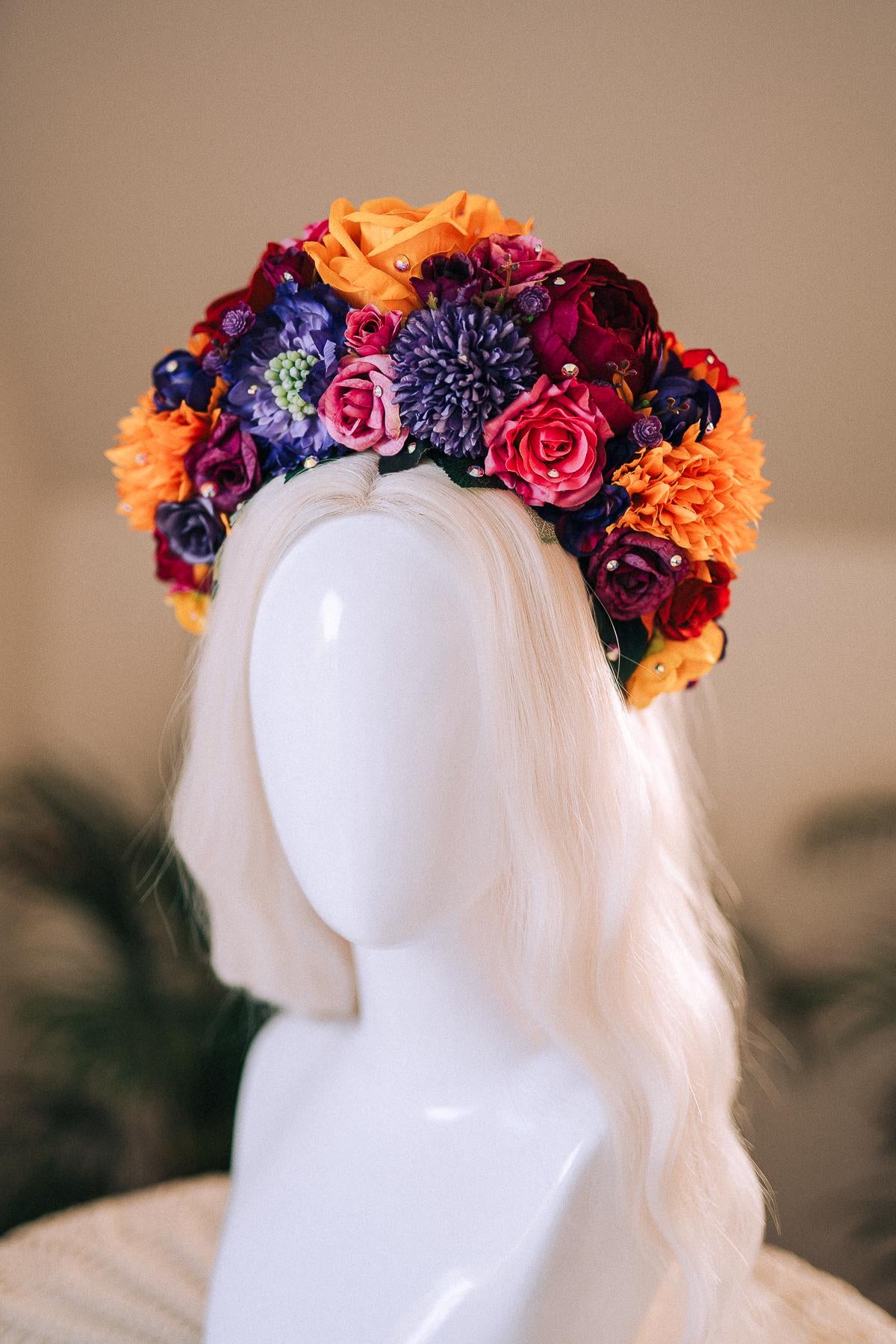 SALE Frida Kahlo Flower Crown, Colorful Halo Crown, Day Of The Dead Headpiece, Mexican Flower Tiara, Festival Costume, Frida Costume