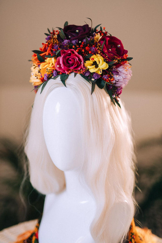 SALE Frida Kahlo Crown, Flower Halo Crown, Day Of The Dead Headpiece, Mexican Floral Tiara, Colorful Costume Crown, Frida Accessory