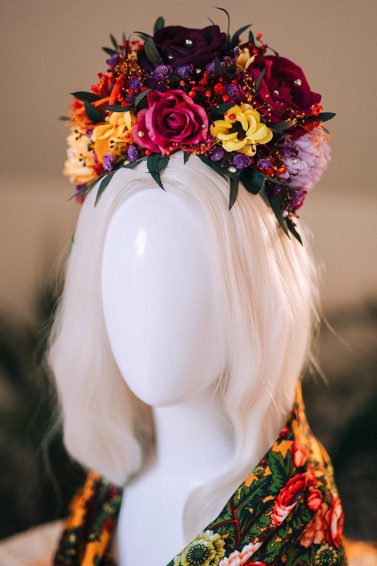 SALE Frida Kahlo Crown, Flower Halo Crown, Day Of The Dead Headpiece, Mexican Floral Tiara, Colorful Costume Crown, Frida Accessory