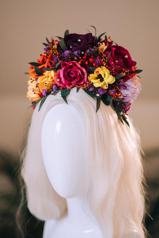 SALE Frida Kahlo Crown, Flower Halo Crown, Day Of The Dead Headpiece, Mexican Floral Tiara, Colorful Costume Crown, Frida Accessory