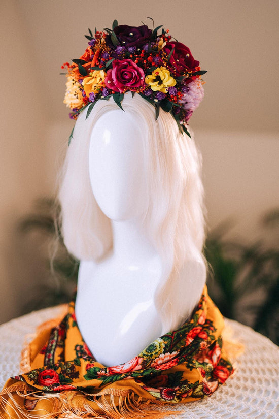 SALE Frida Kahlo Crown, Flower Halo Crown, Day Of The Dead Headpiece, Mexican Floral Tiara, Colorful Costume Crown, Frida Accessory