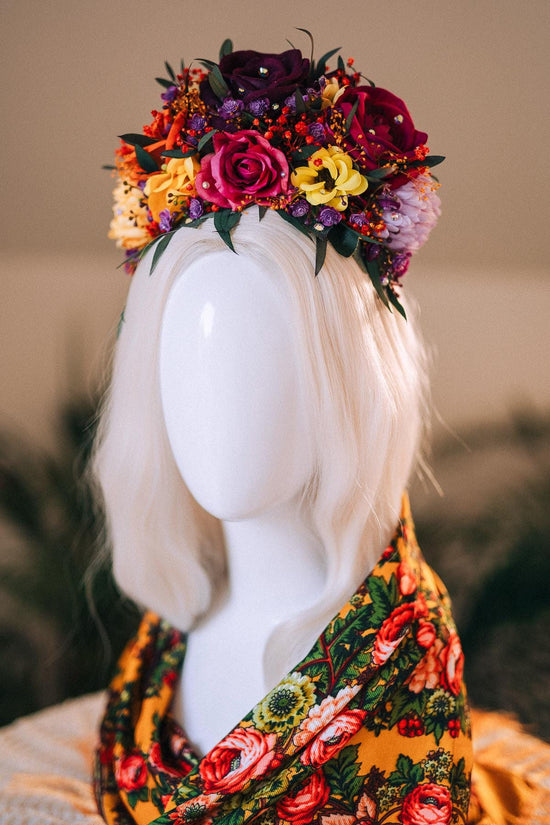 SALE Frida Kahlo Crown, Flower Halo Crown, Day Of The Dead Headpiece, Mexican Floral Tiara, Colorful Costume Crown, Frida Accessory