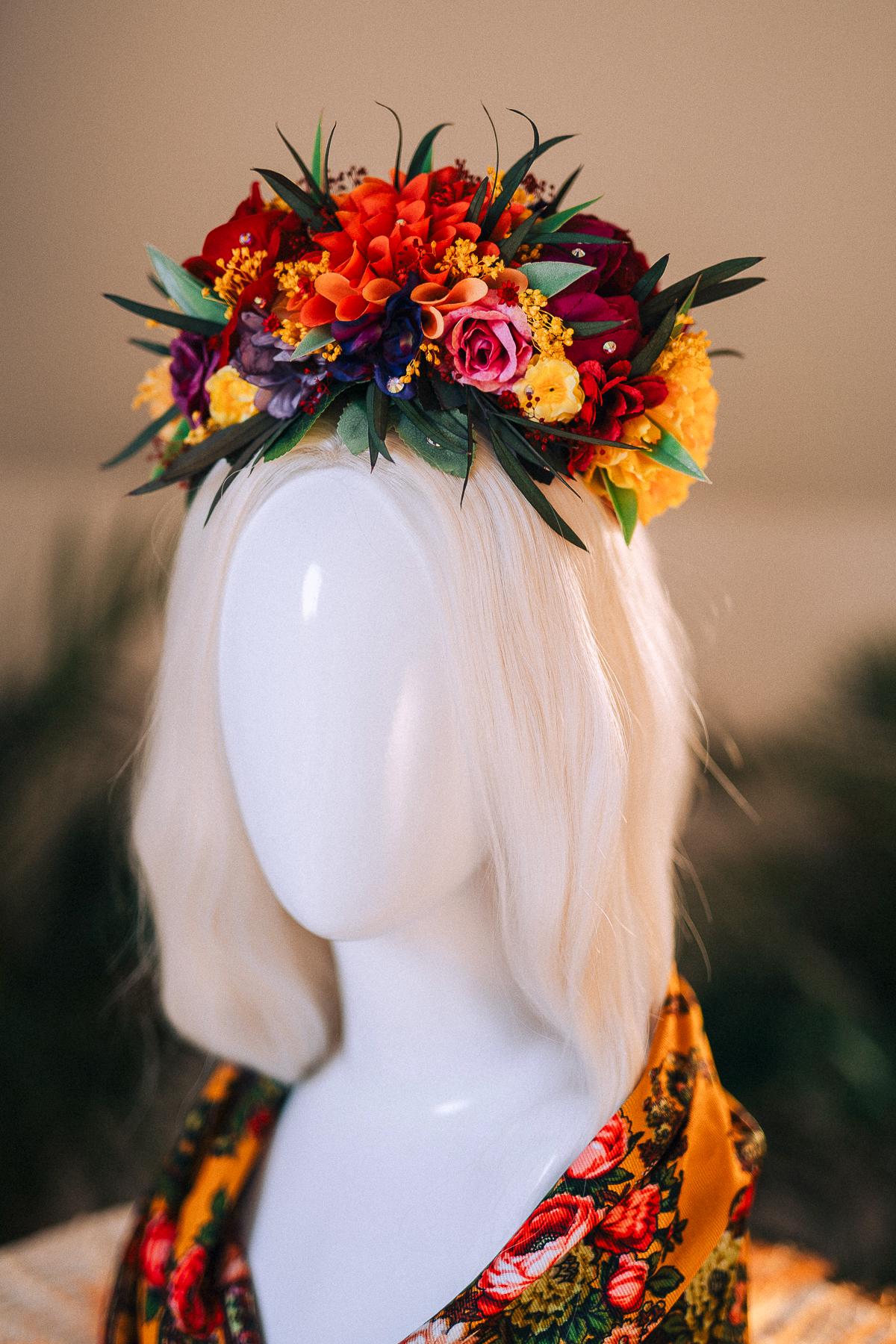 SALE Frida Kahlo Crown, Mexican Flower Crown, Day Of The Dead Headpiece, Colorful Halo Crown, Festival Tiara, Frida Costume, Floral