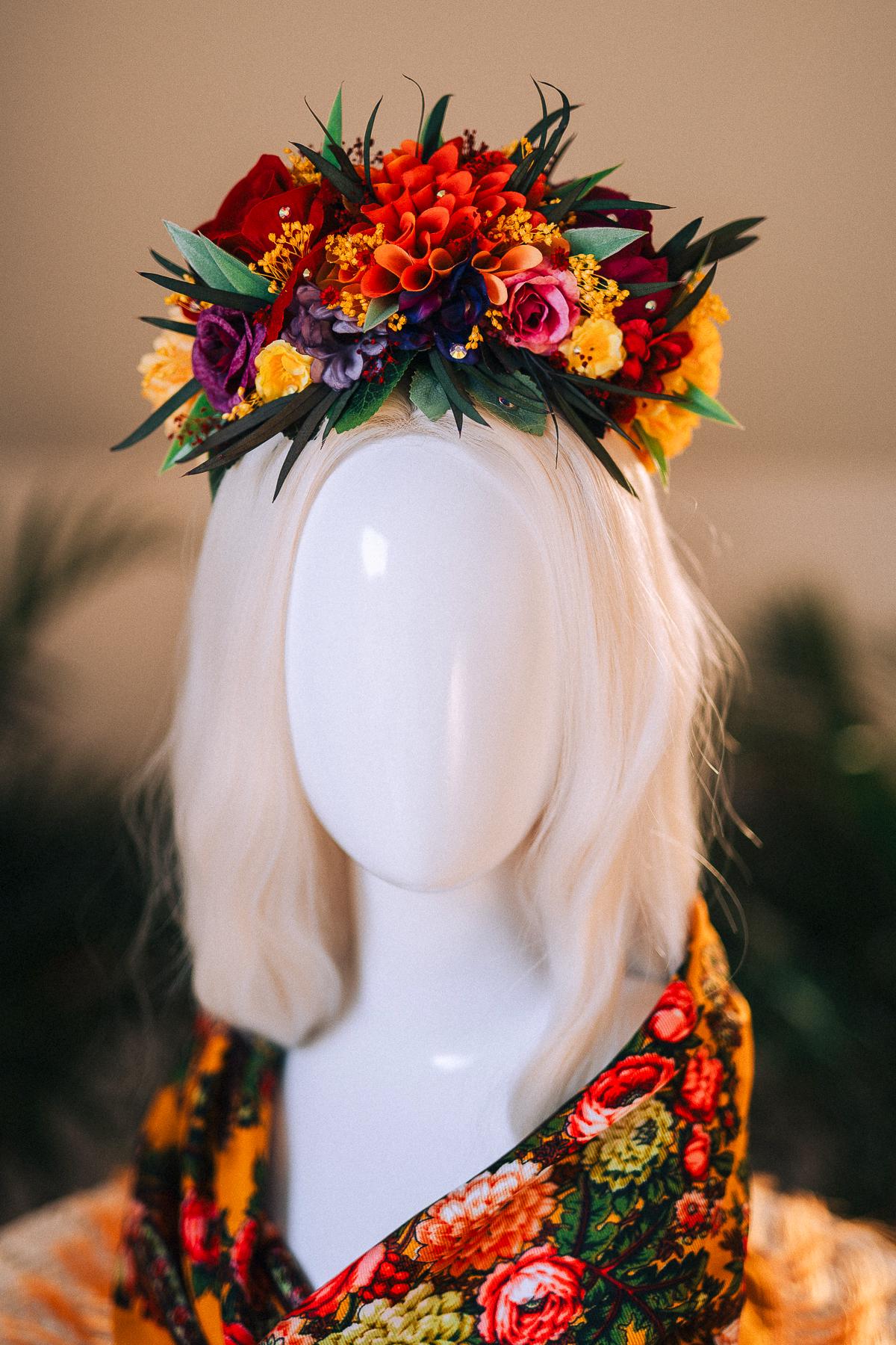 SALE Frida Kahlo Crown, Mexican Flower Crown, Day Of The Dead Headpiece, Colorful Halo Crown, Festival Tiara, Frida Costume, Floral