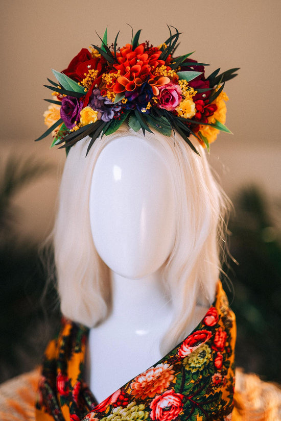 SALE Frida Kahlo Crown, Mexican Flower Crown, Day Of The Dead Headpiece, Colorful Halo Crown, Festival Tiara, Frida Costume, Floral