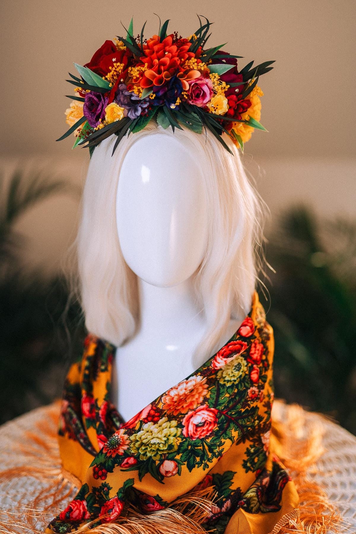 SALE Frida Kahlo Crown, Mexican Flower Crown, Day Of The Dead Headpiece, Colorful Halo Crown, Festival Tiara, Frida Costume, Floral