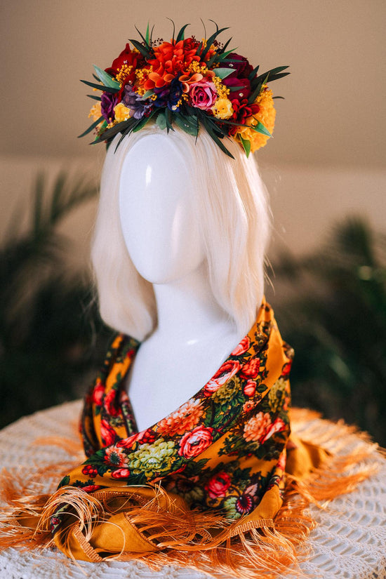 SALE Frida Kahlo Crown, Mexican Flower Crown, Day Of The Dead Headpiece, Colorful Halo Crown, Festival Tiara, Frida Costume, Floral