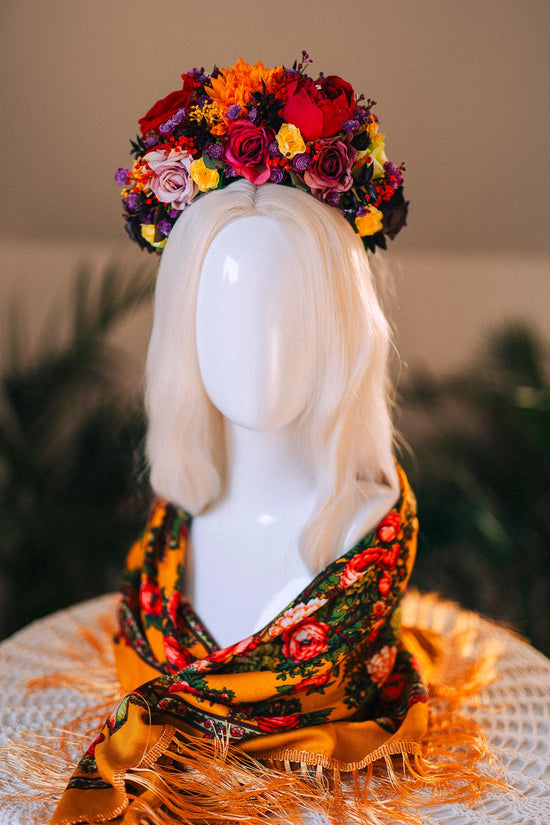 SALE Frida Kahlo Crown, Flower Tiara, Day Of The Dead Headpiece, Mexican Costume Crown, Colorful Floral Halo, Frida Accessory, Festival