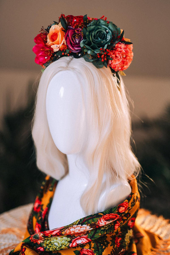 SALE Frida Kahlo Crown, Flower Tiara, Colorful Festival Headpiece, Day Of The Dead Crown, Mexican Costume, Floral Halo Crown, Frida
