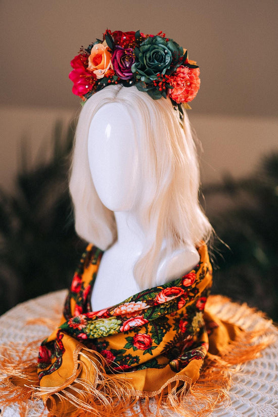 SALE Frida Kahlo Crown, Flower Tiara, Colorful Festival Headpiece, Day Of The Dead Crown, Mexican Costume, Floral Halo Crown, Frida