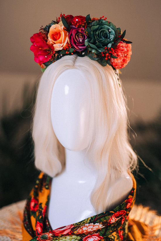 SALE Frida Kahlo Crown, Flower Tiara, Colorful Festival Headpiece, Day Of The Dead Crown, Mexican Costume, Floral Halo Crown, Frida