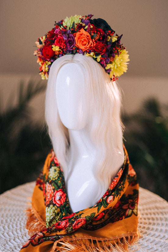 SALE Frida Kahlo Crown, Colorful Flower Headpiece, Day Of The Dead Tiara, Mexican Festival Crown, Floral Halo, Frida Costume