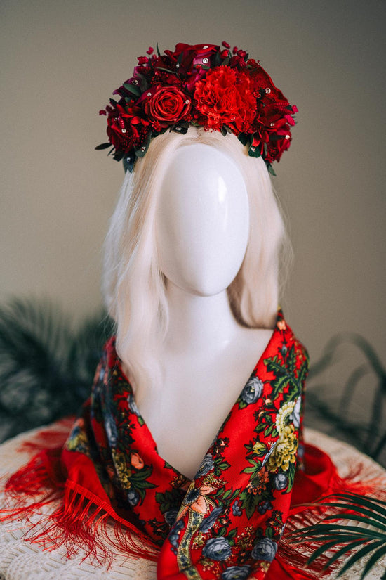 SALE Red Flower Crown, Frida Crown, Day Of The Dead Headpiece, Mexican Flower Tiara, Festival Crown, Frida Costume, La Catrina