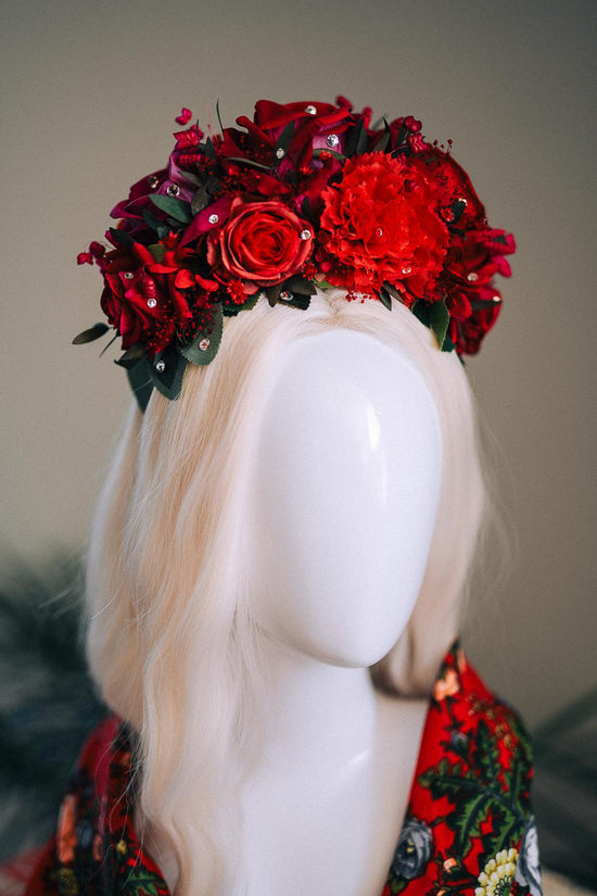 SALE Red Flower Crown, Frida Crown, Day Of The Dead Headpiece, Mexican Flower Tiara, Festival Crown, Frida Costume, La Catrina