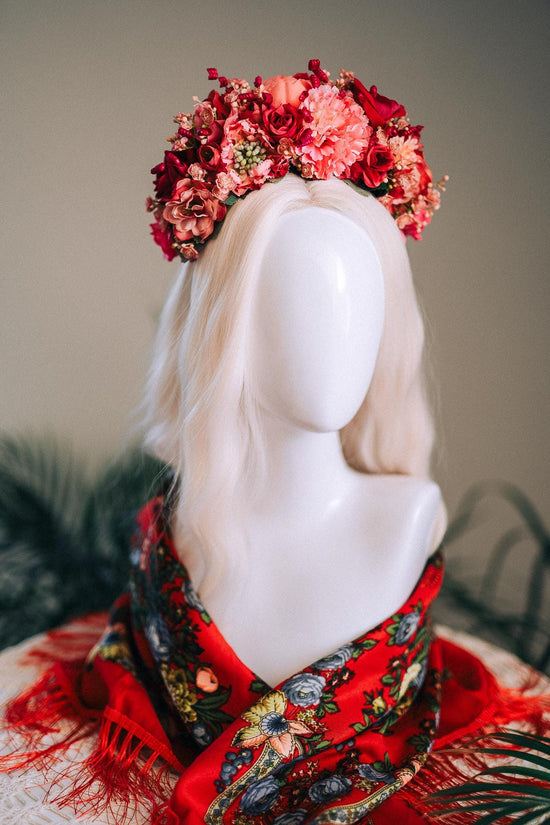 SALE Pink Flower Crown, Frida Kahlo Crown, Coral Floral Headpiece, Day Of The Dead Tiara, Mexican Flower Crown, Festival Headpiece, Frida