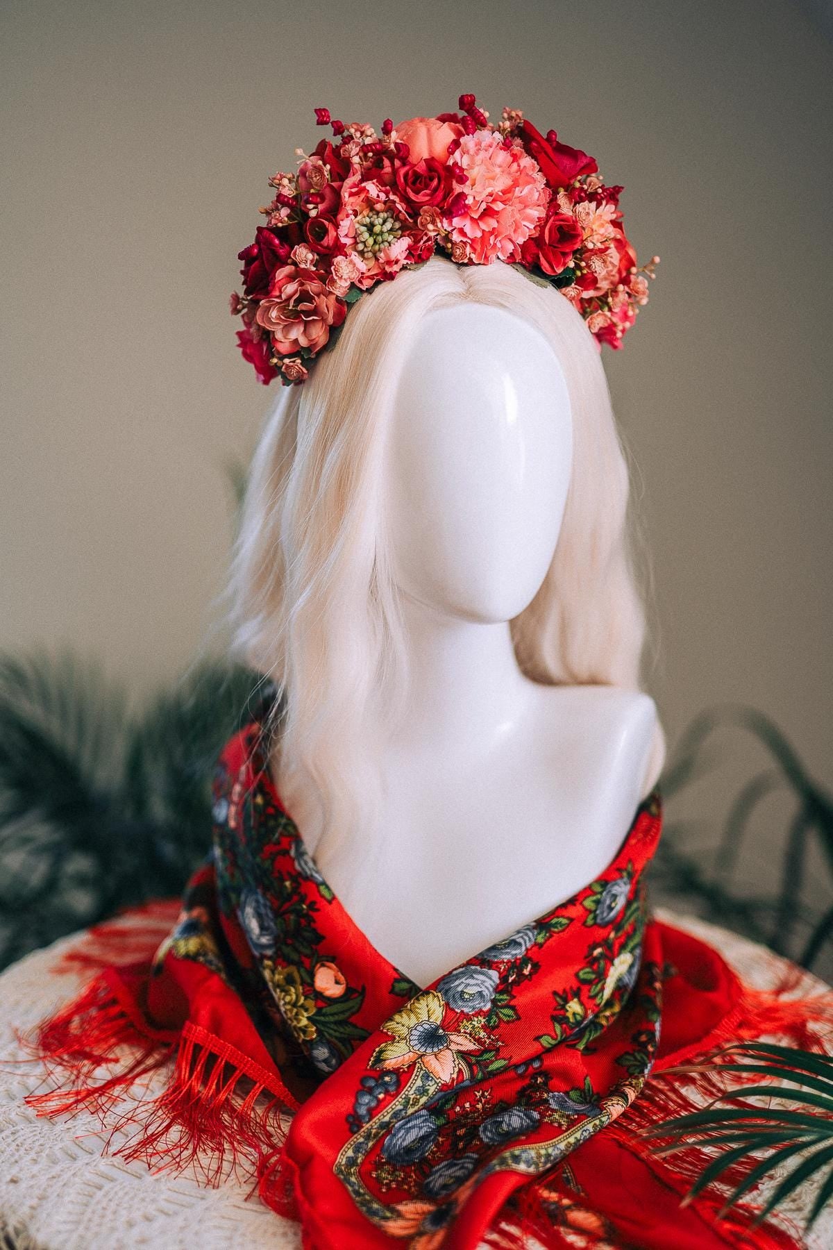 SALE Pink Flower Crown, Frida Kahlo Crown, Coral Floral Headpiece, Day Of The Dead Tiara, Mexican Flower Crown, Festival Headpiece, Frida