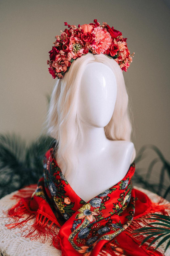 SALE Pink Flower Crown, Frida Kahlo Crown, Coral Floral Headpiece, Day Of The Dead Tiara, Mexican Flower Crown, Festival Headpiece, Frida