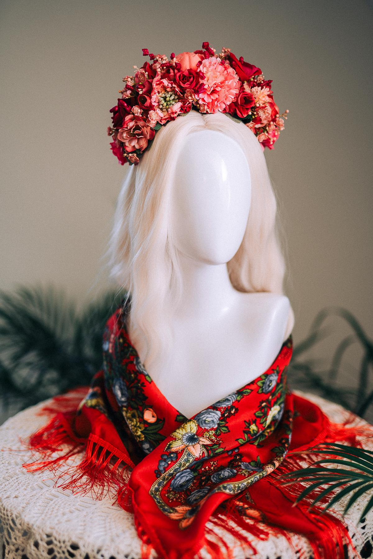 SALE Pink Flower Crown, Frida Kahlo Crown, Coral Floral Headpiece, Day Of The Dead Tiara, Mexican Flower Crown, Festival Headpiece, Frida