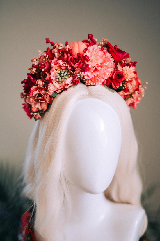 SALE Pink Flower Crown, Frida Kahlo Crown, Coral Floral Headpiece, Day Of The Dead Tiara, Mexican Flower Crown, Festival Headpiece, Frida