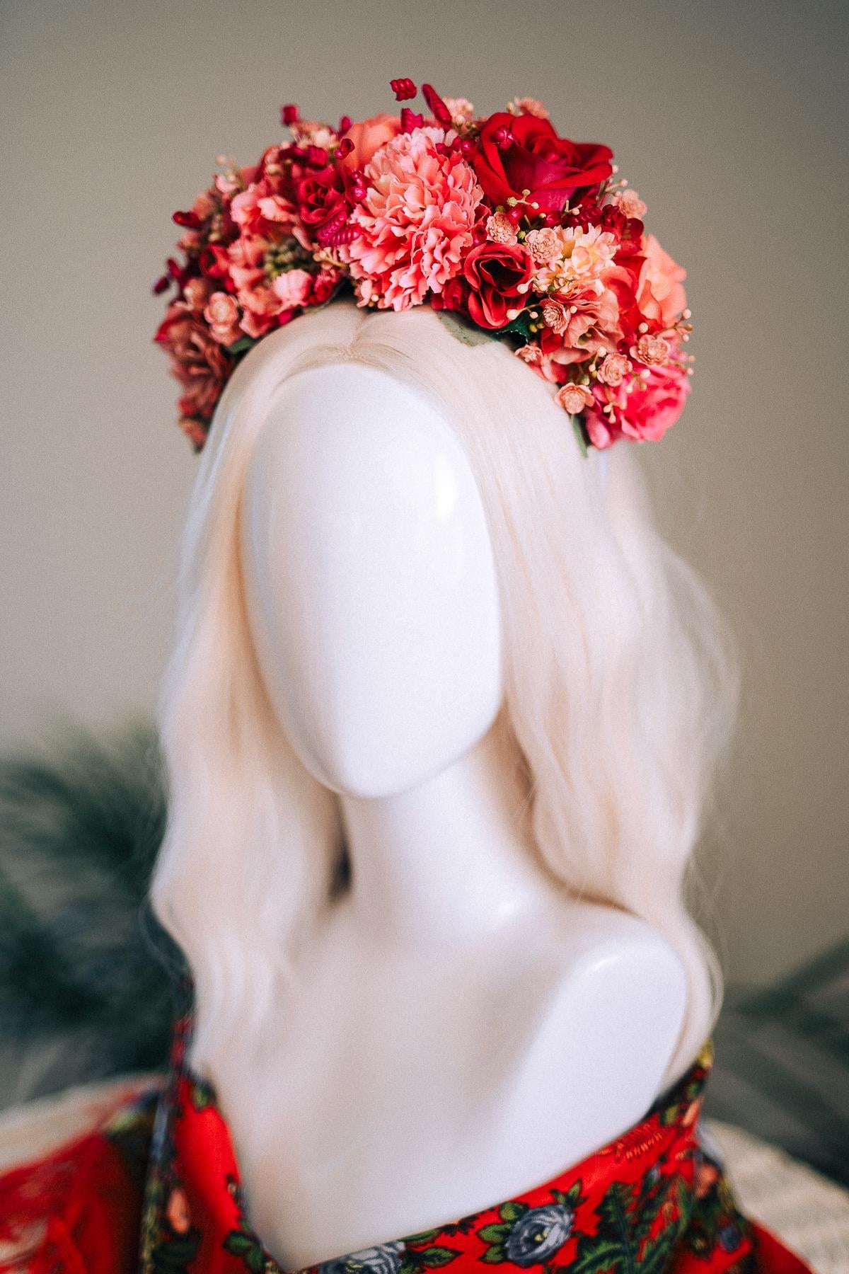 SALE Pink Flower Crown, Frida Kahlo Crown, Coral Floral Headpiece, Day Of The Dead Tiara, Mexican Flower Crown, Festival Headpiece, Frida