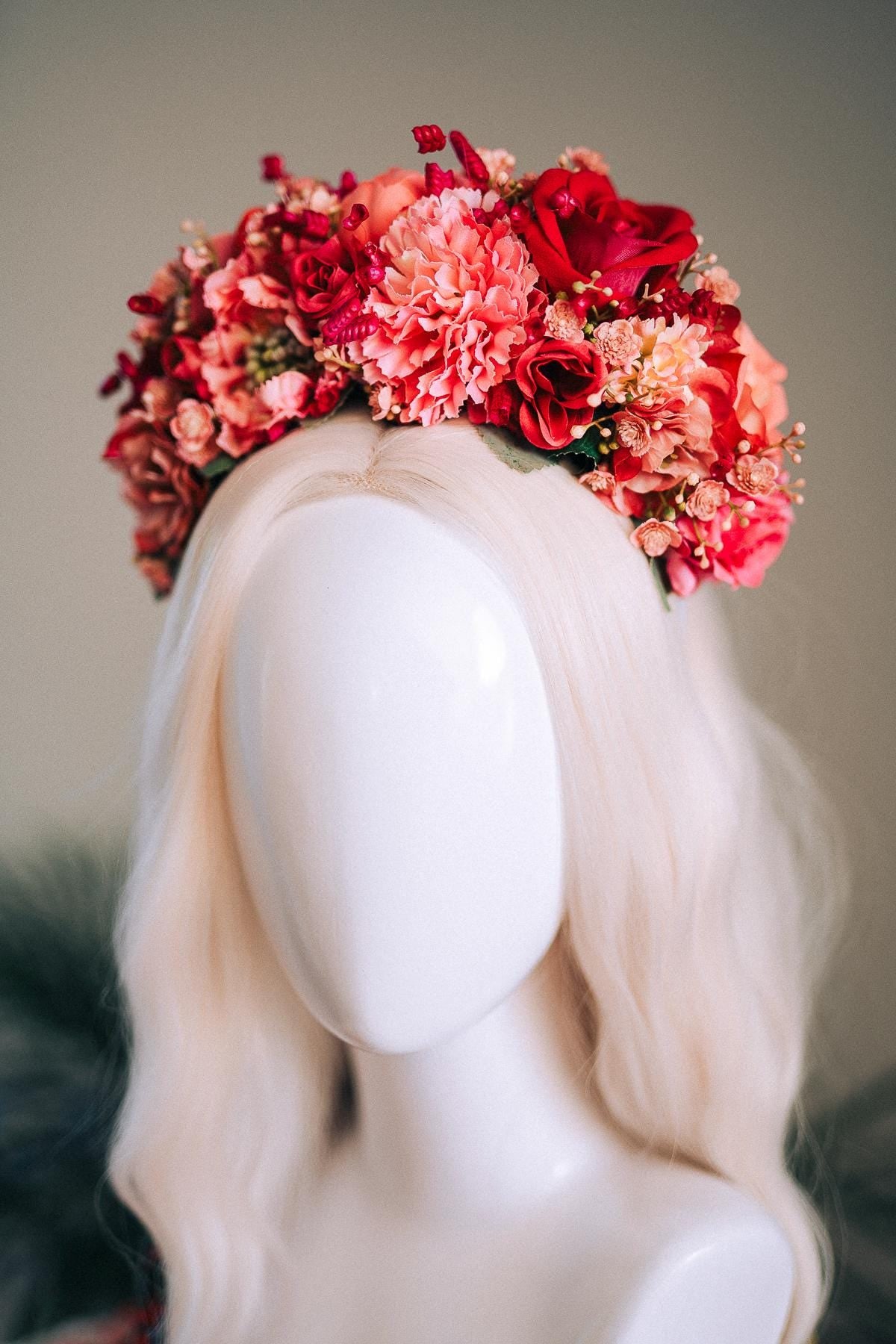 SALE Pink Flower Crown, Frida Kahlo Crown, Coral Floral Headpiece, Day Of The Dead Tiara, Mexican Flower Crown, Festival Headpiece, Frida