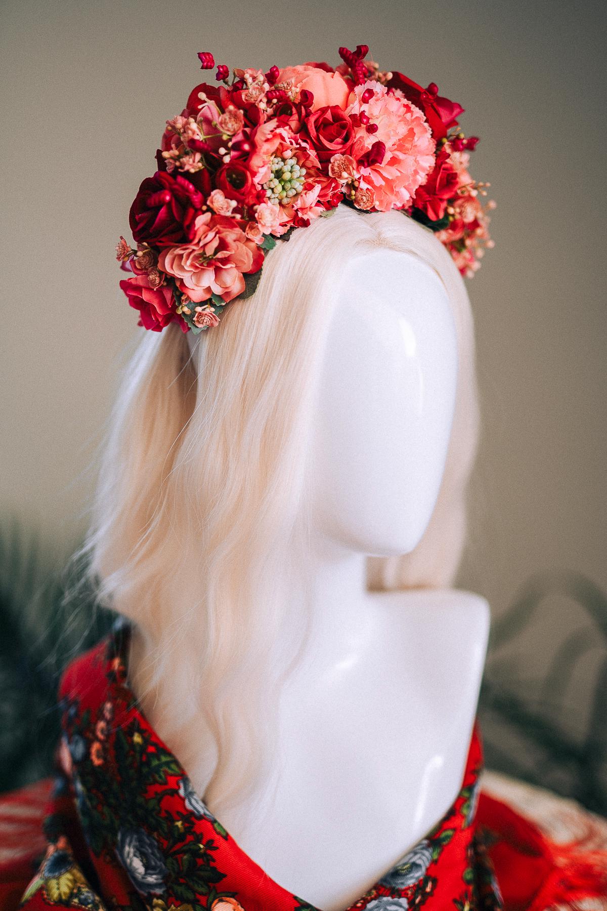 SALE Pink Flower Crown, Frida Kahlo Crown, Coral Floral Headpiece, Day Of The Dead Tiara, Mexican Flower Crown, Festival Headpiece, Frida