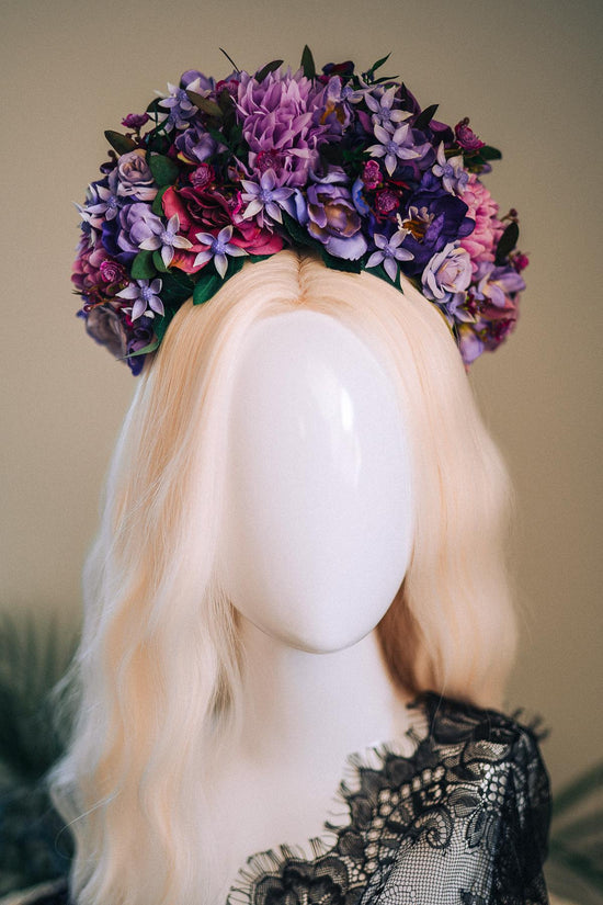 SALE Purple Flower Crown, Frida Kahlo Crown, Floral Headpiece, Day Of The Dead Tiara, Mexican Flower Crown, Festival Headpiece, Frida