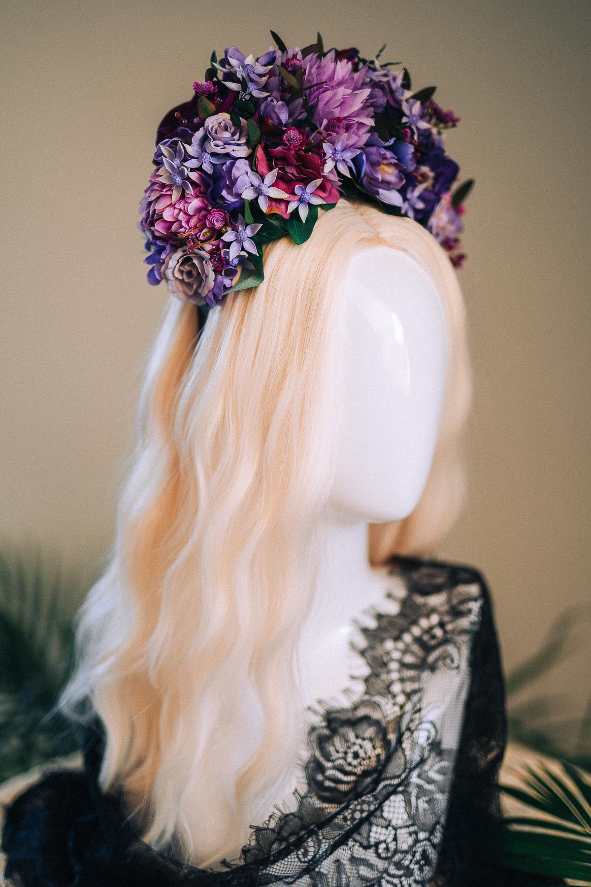 SALE Purple Flower Crown, Frida Kahlo Crown, Floral Headpiece, Day Of The Dead Tiara, Mexican Flower Crown, Festival Headpiece, Frida