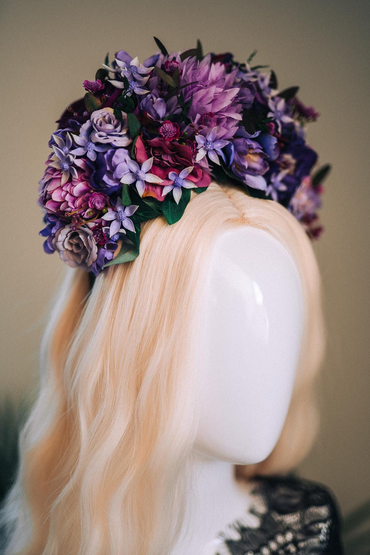 SALE Purple Flower Crown, Frida Kahlo Crown, Floral Headpiece, Day Of The Dead Tiara, Mexican Flower Crown, Festival Headpiece, Frida