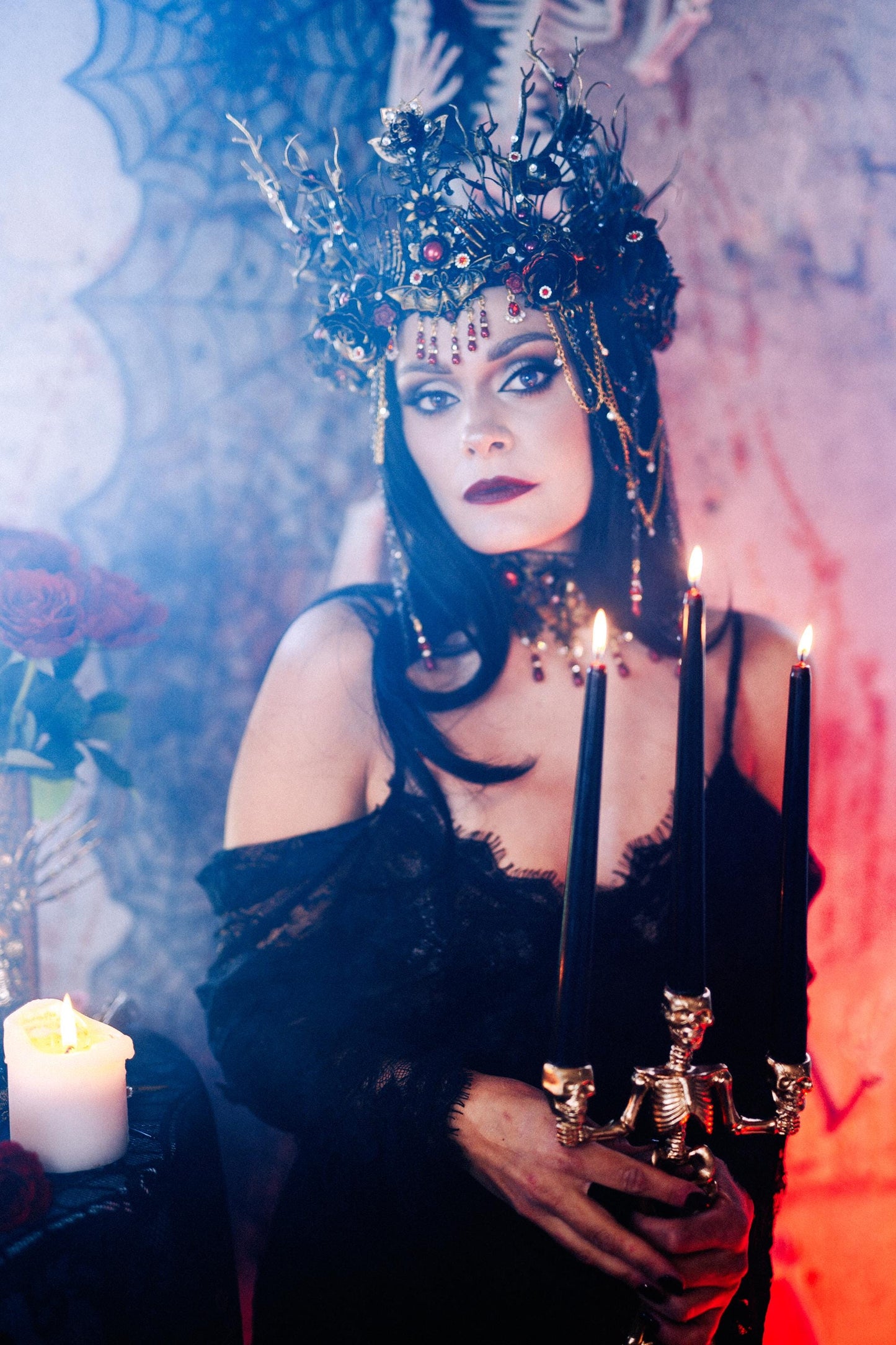 Gothic Morticia Addams Crown Black Red Gold Dark Queen Headpiece Halloween Costume Crown