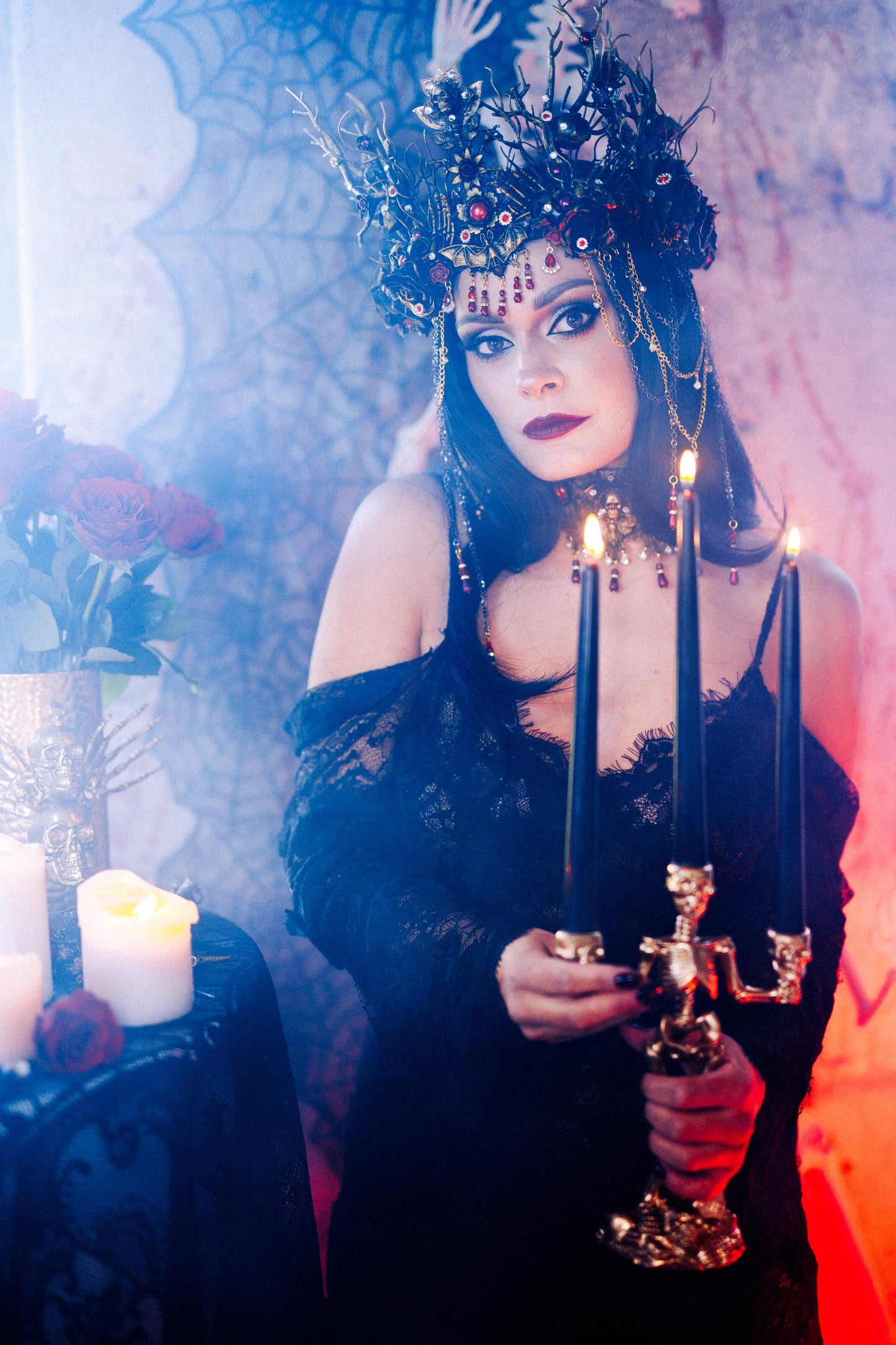 Gothic Morticia Addams Crown Black Red Gold Dark Queen Headpiece Halloween Costume Crown