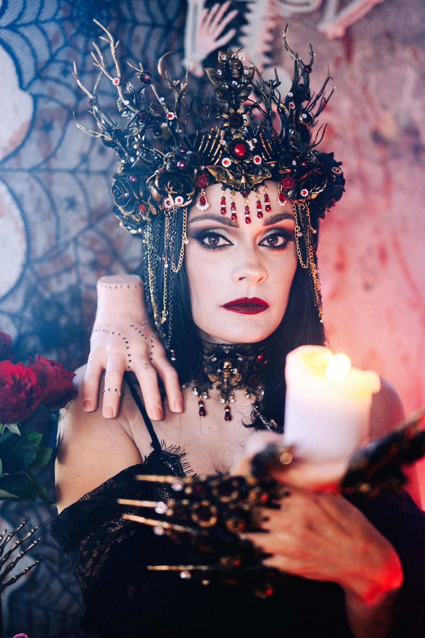 Gothic Morticia Addams Crown Black Red Gold Dark Queen Headpiece Halloween Costume Crown