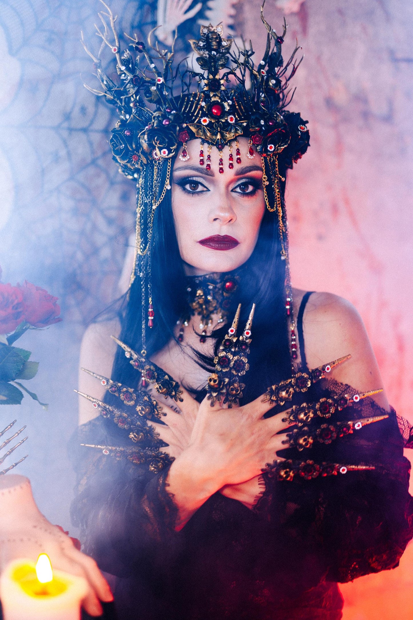 Gothic Morticia Addams Choker Black Red Gold Necklace Dark Queen Halloween Jewelry