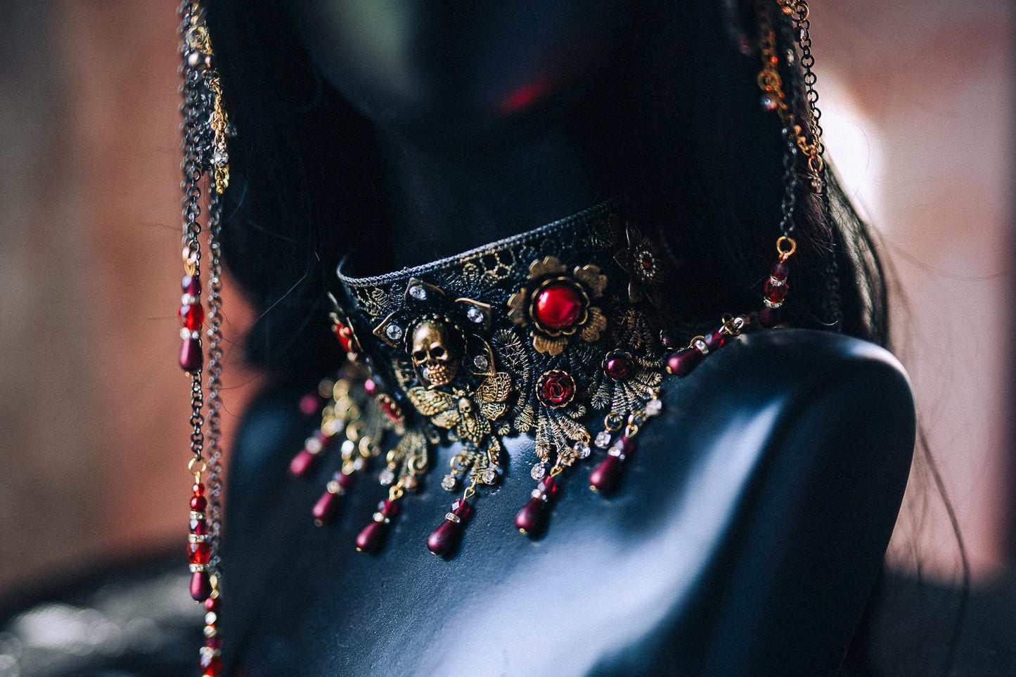 Gothic Morticia Addams Choker Black Red Gold Necklace Dark Queen Halloween Jewelry