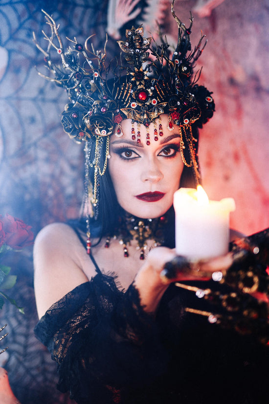 Gothic Morticia Addams Finger Claws Black Roses Red Crystals Skull Dark Queen Halloween Jewelry