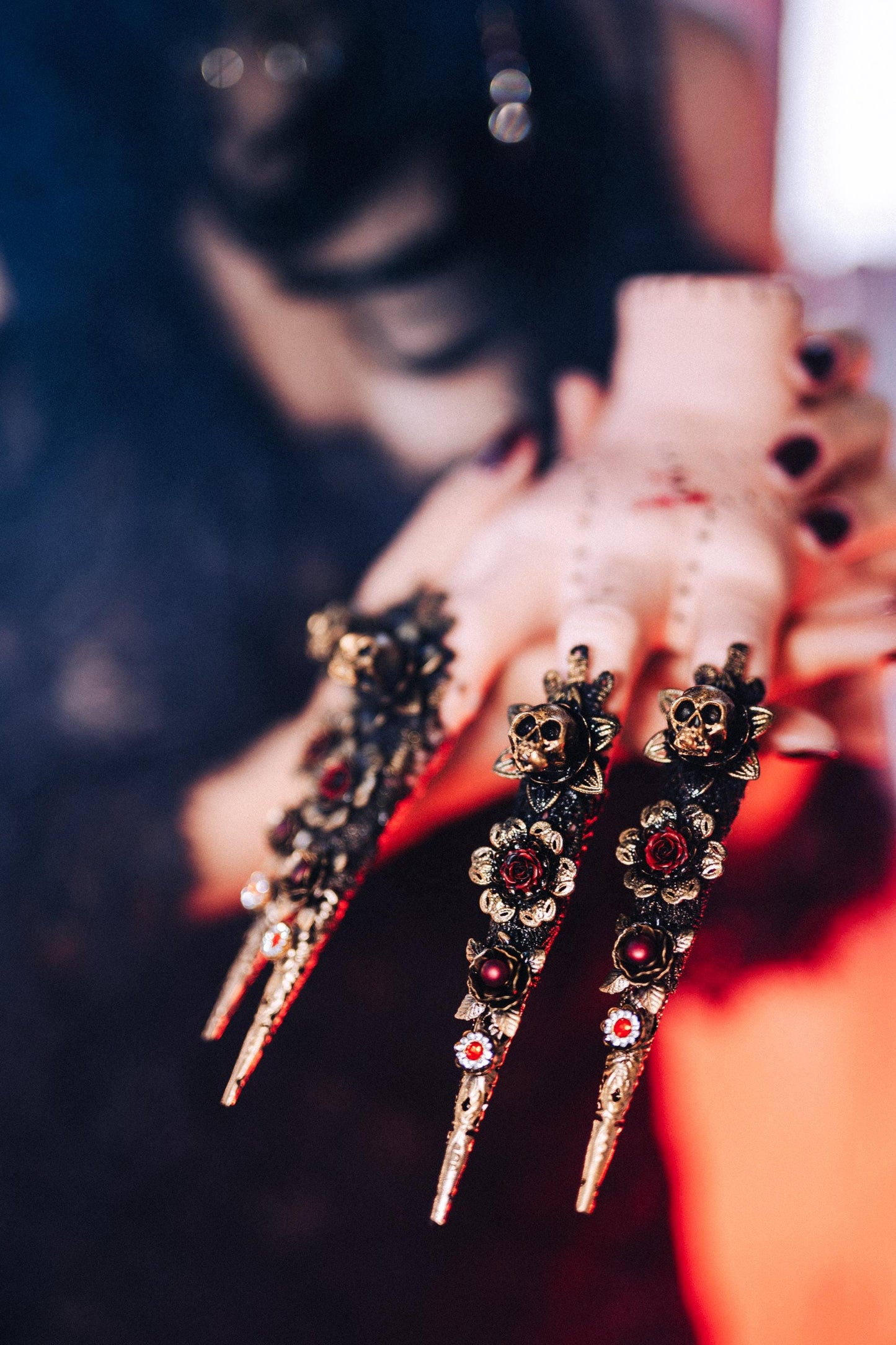Gothic Morticia Addams Finger Claws Black Roses Red Crystals Skull Dark Queen Halloween Jewelry