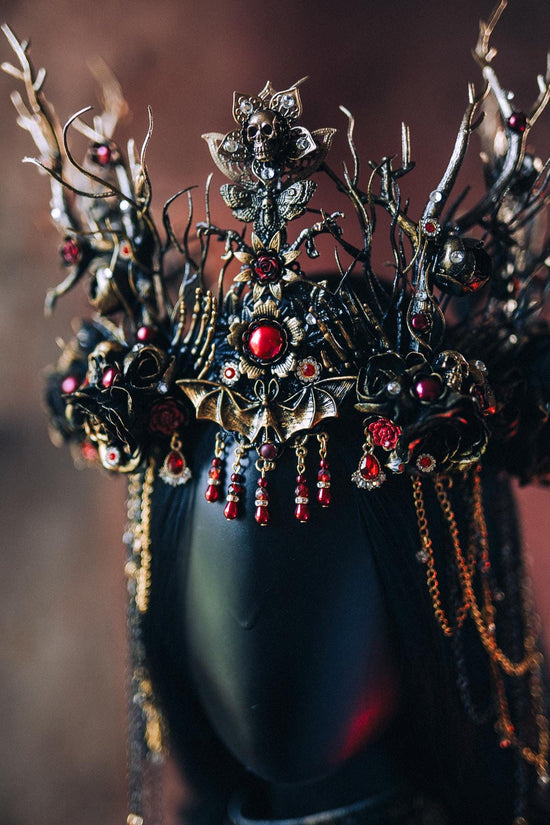 Gothic Morticia Addams Crown Black Red Gold Dark Queen Headpiece Halloween Costume Crown