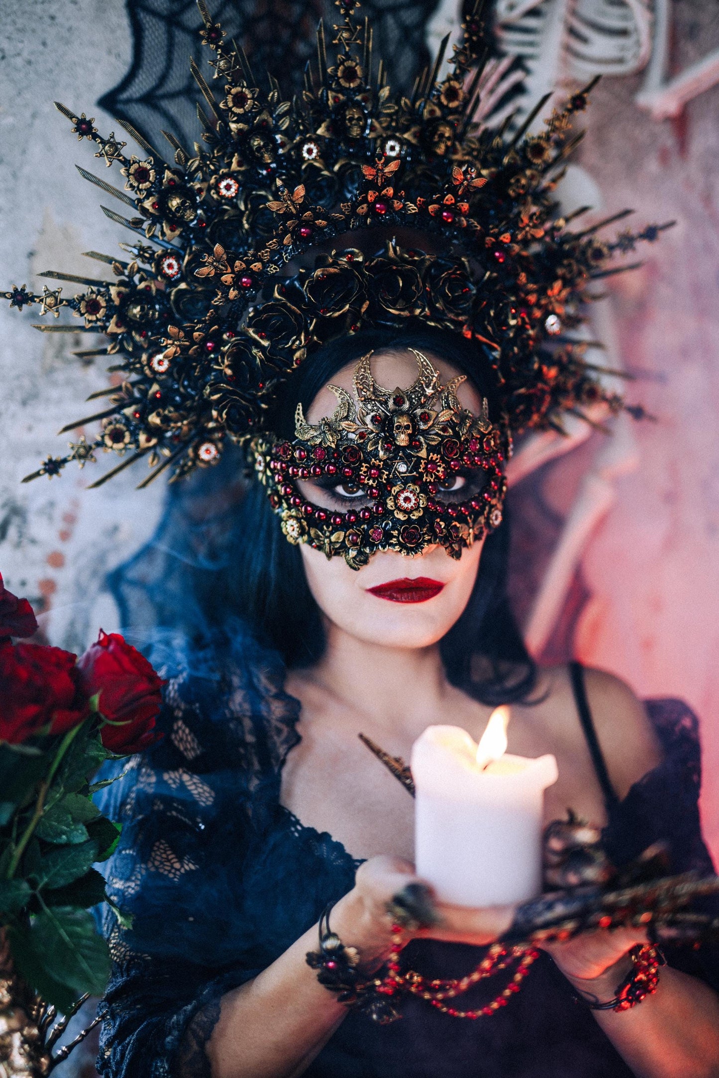 Gothic Morticia Addams Crown Black Red Gold Dark Queen Headpiece Halloween Costume Crown