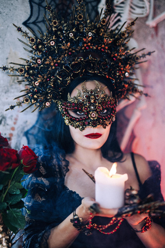 Gothic Morticia Addams Crown Black Red Gold Dark Queen Headpiece Halloween Costume Crown