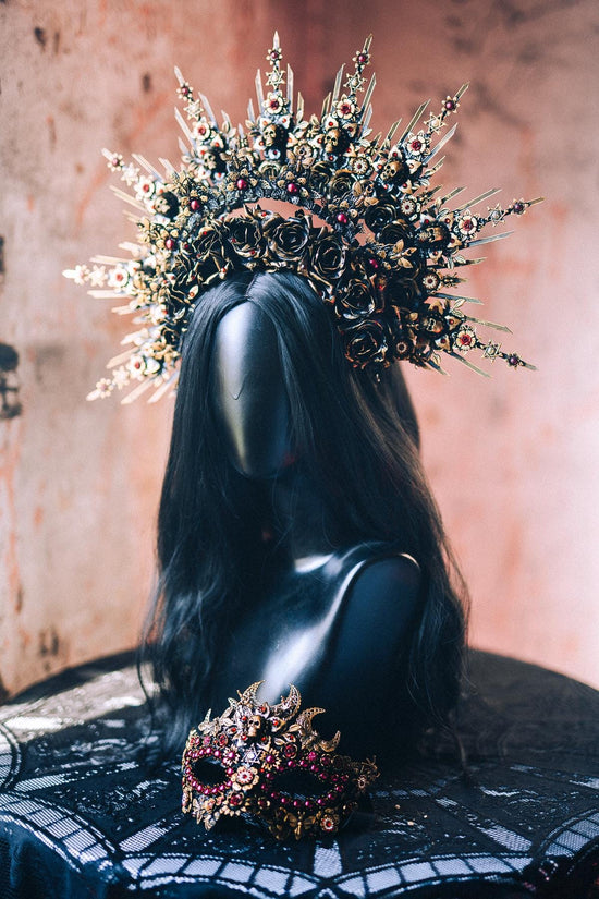 Gothic Morticia Addams Crown Black Red Gold Dark Queen Headpiece Halloween Costume Crown