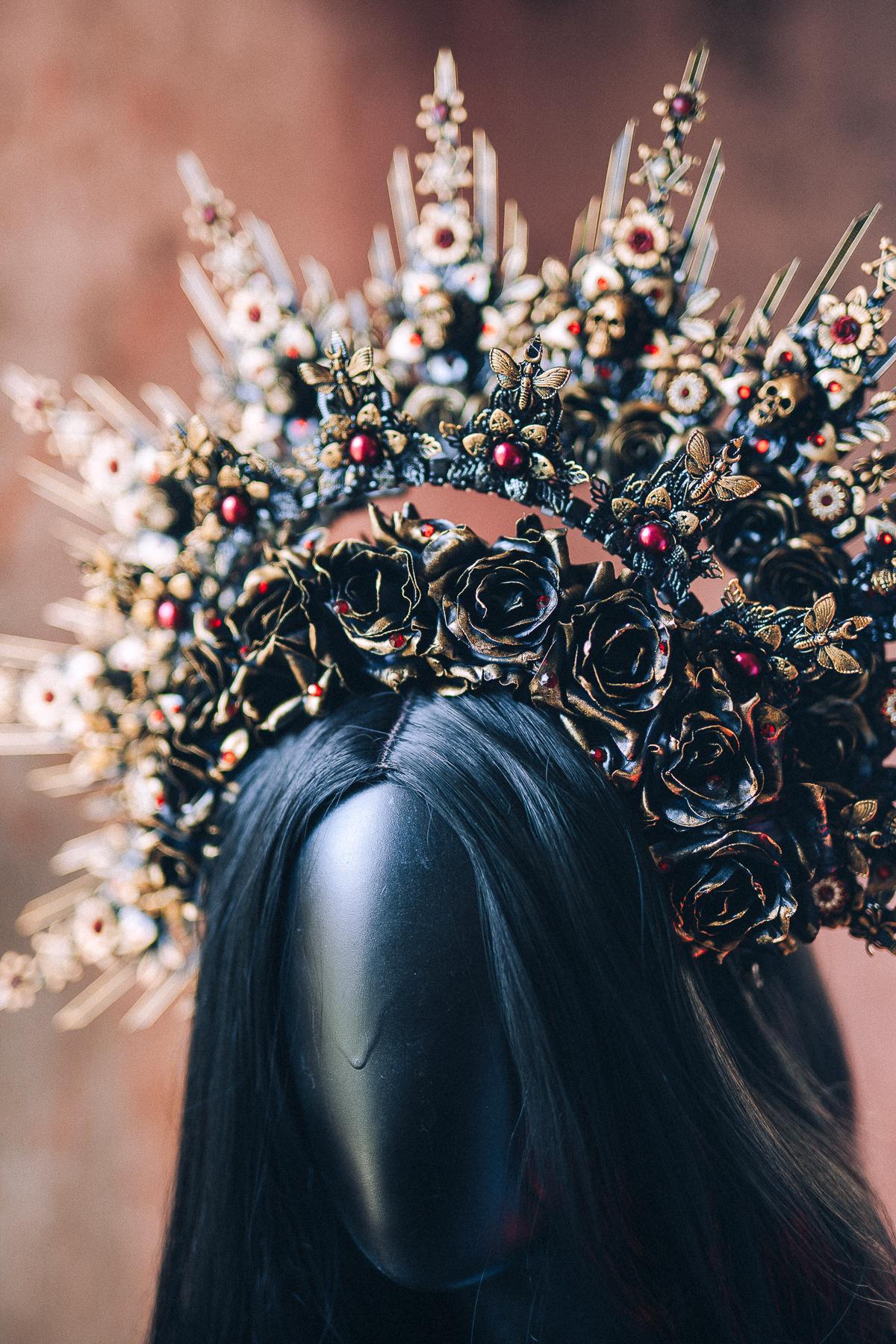 Gothic Morticia Addams Crown Black Red Gold Dark Queen Headpiece Halloween Costume