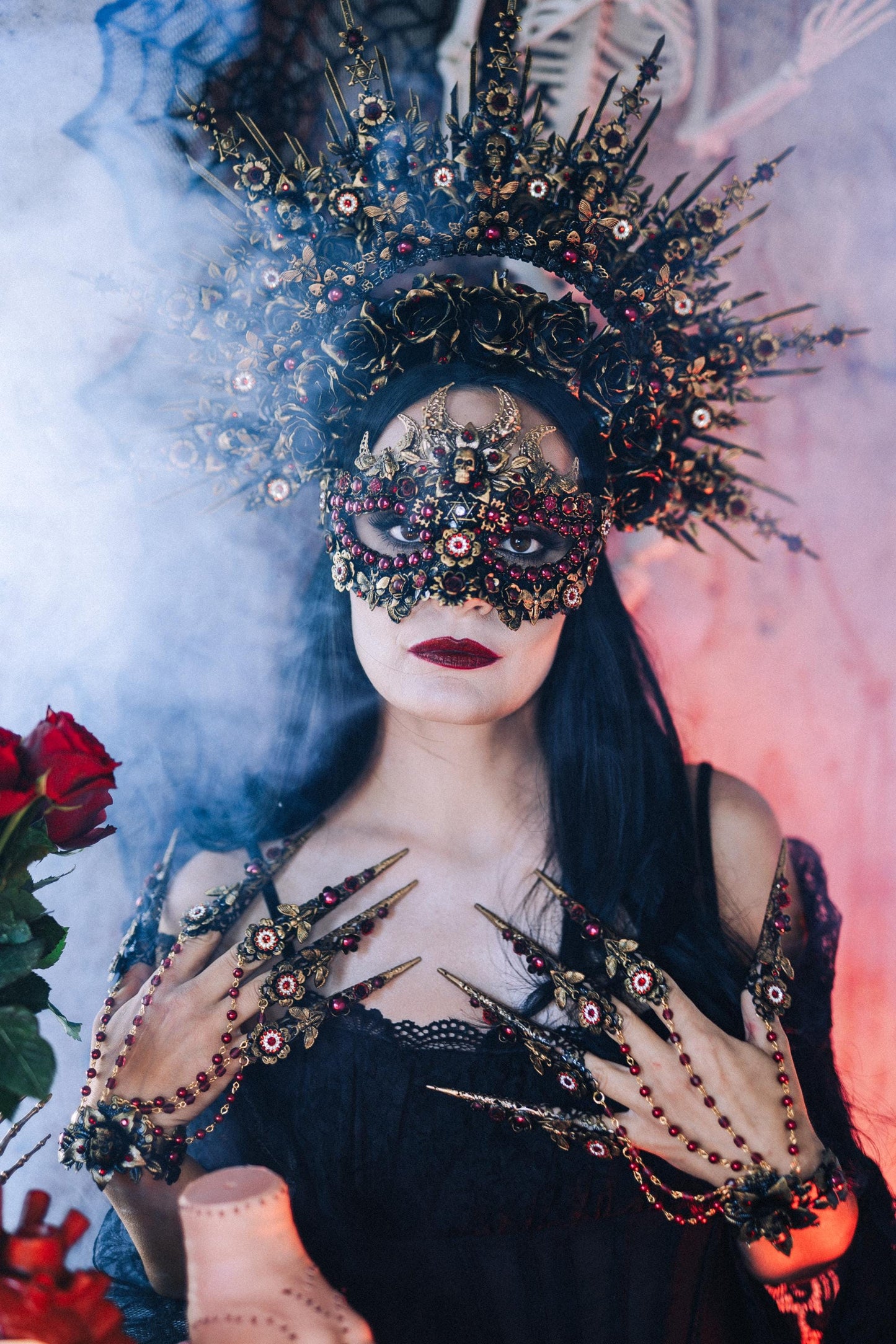 Gothic Morticia Addams Mask Red Crystal Skull Dark Queen Halloween Masquerade Mask