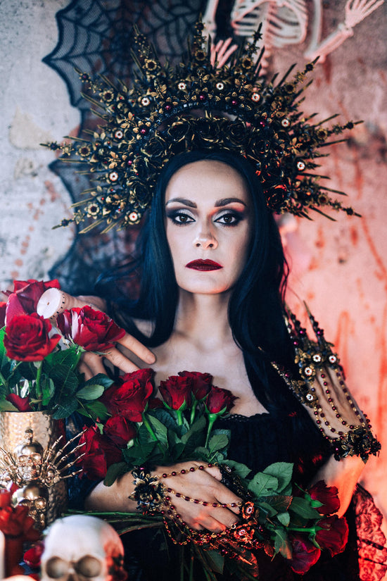 Gothic Morticia Addams Finger Claws Black Roses Red Crystals Skull Dark Queen Halloween Jewelry