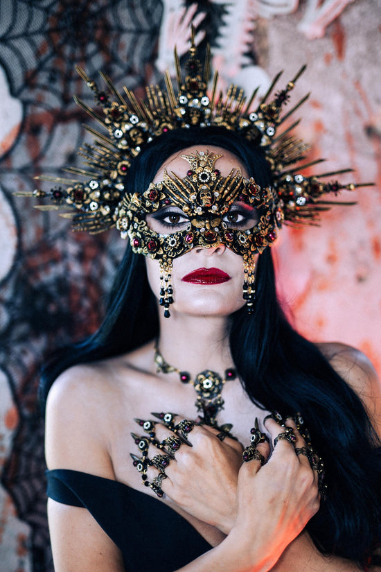 Gothic Morticia Addams Crown Black Red Gold Dark Queen Headpiece Halloween Costume Crown