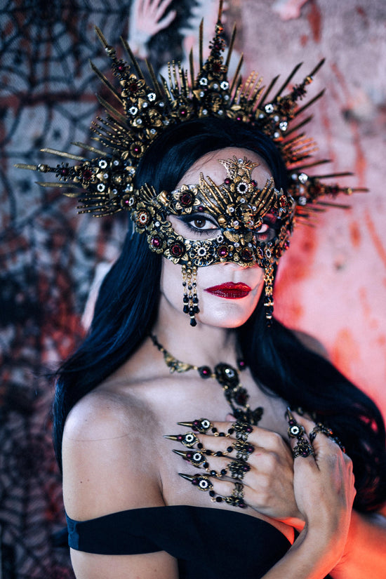 Gothic Morticia Addams Crown Black Red Gold Dark Queen Headpiece Halloween Costume Crown