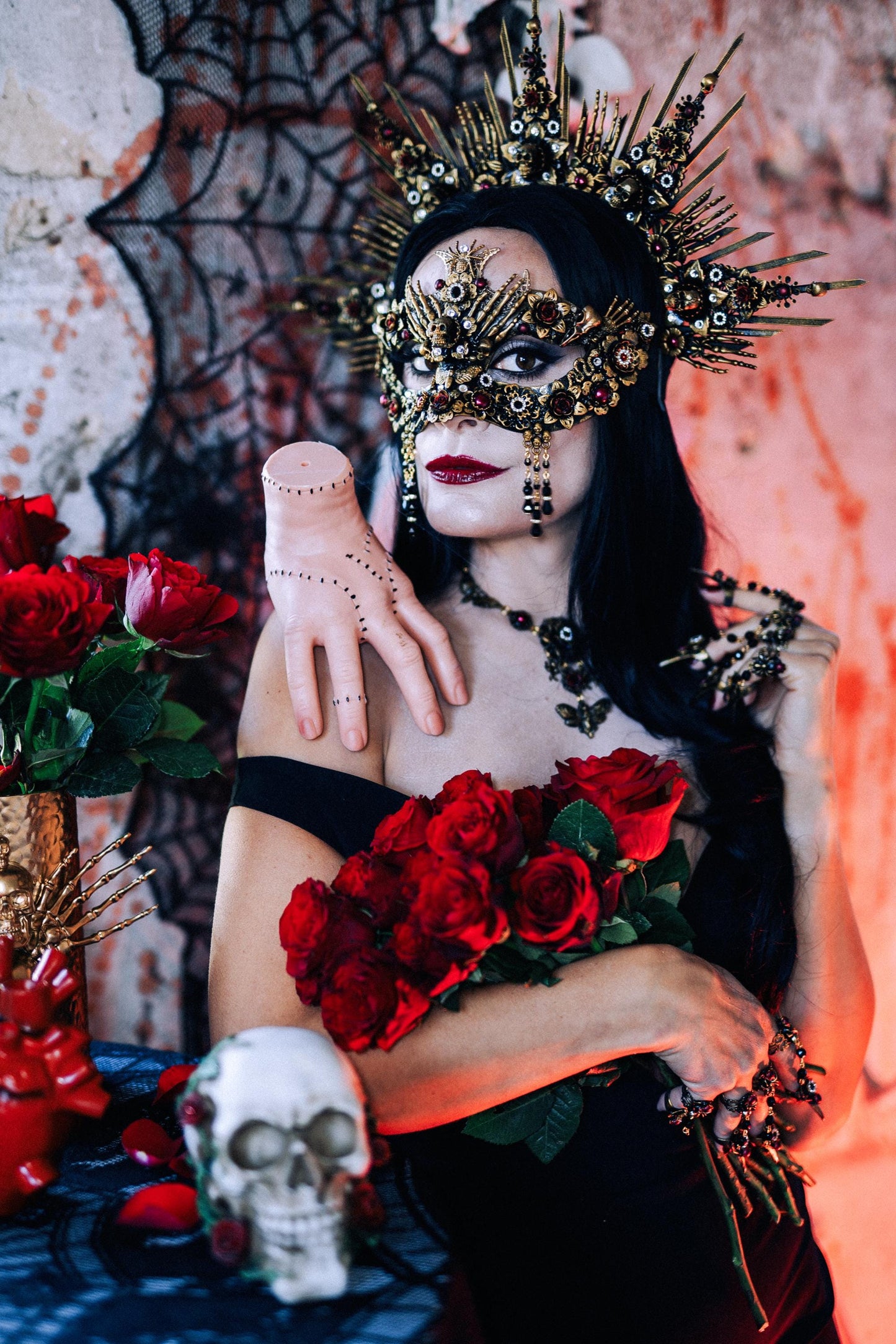 Gothic Morticia Addams Crown Black Red Gold Dark Queen Headpiece Halloween Costume Crown