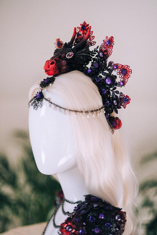 Dragon Queen Crown, Black Red Gothic Crown, Fantasy Horn Crown, Gothic Headpiece, Cosplay Crown, Mythical Goddess Crown