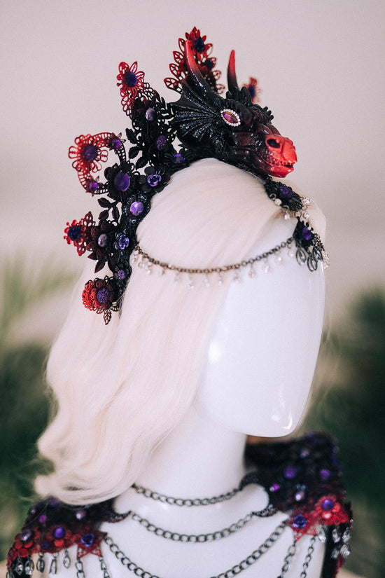 Dragon Queen Crown, Black Red Gothic Crown, Fantasy Horn Crown, Gothic Headpiece, Cosplay Crown, Mythical Goddess Crown